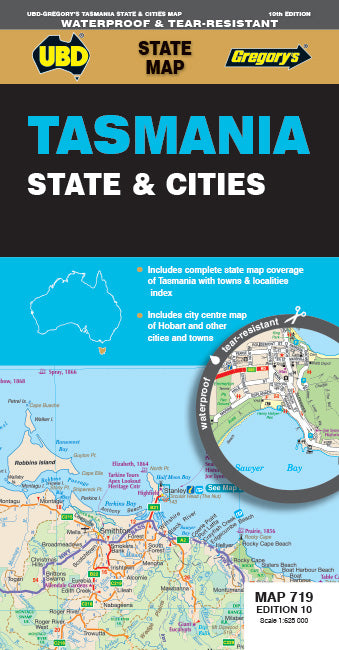 Tasmania State & Cities 719 Map 10th Ed (waterproof)